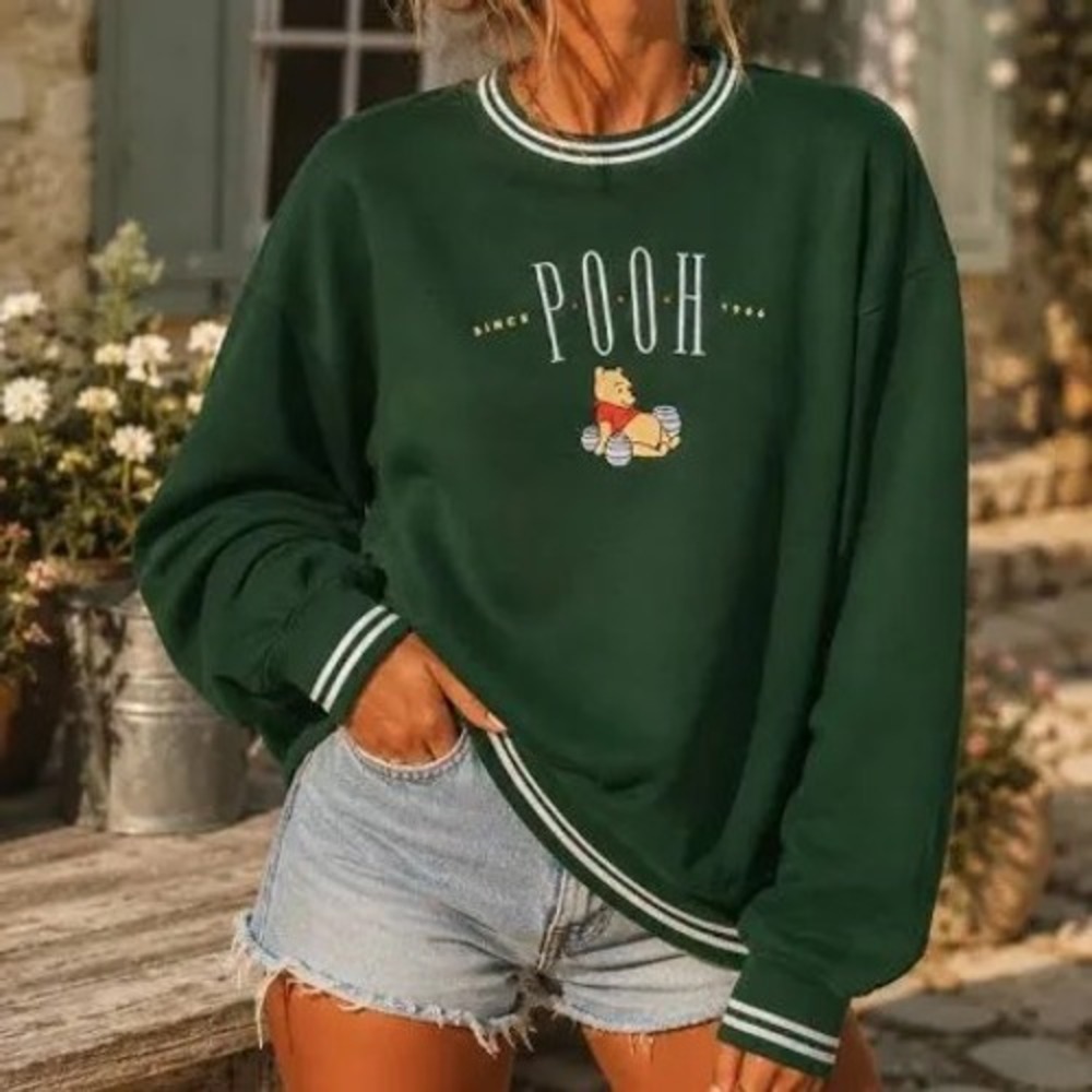 Vintage Disney Winnie the Pooh Green Striped Collegiate Embroidered Sweatshirt